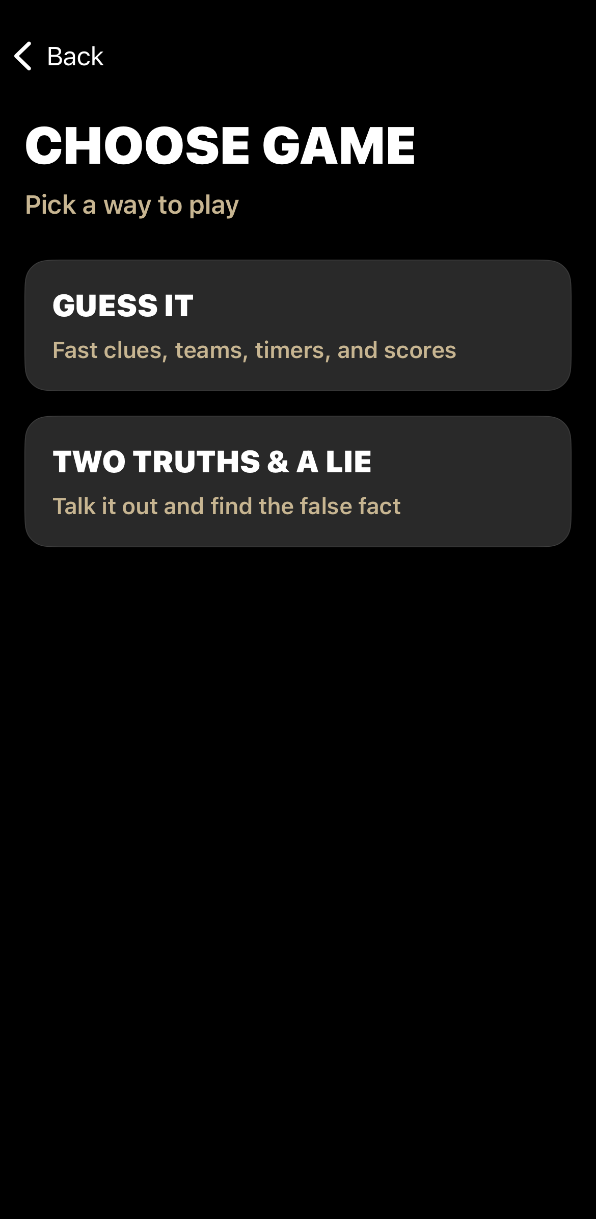 Guess It screen showing both game modes